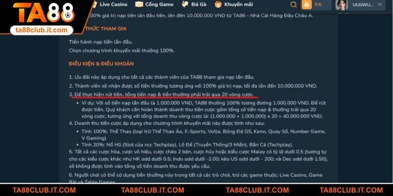 Điều kiện rút tiền TA88 dành cho bet thủ